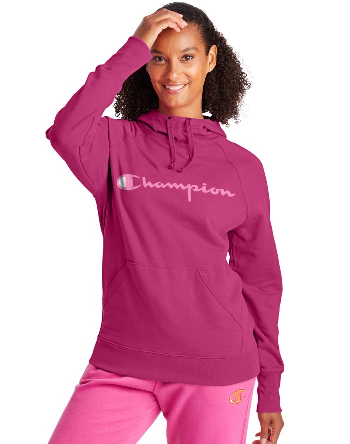 Champion Powerblend Fleece Script Logo Kadın Kapşonlu Sweatshirt Pembe ( OHIKDG290 )